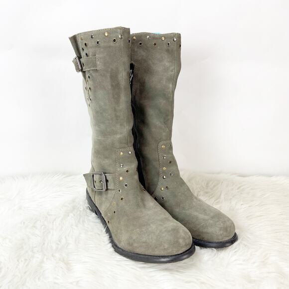 Juicy Couture 9 Womens Taupe Leather Stud Buckle Side-Zip Boots - Picture 1 of 11